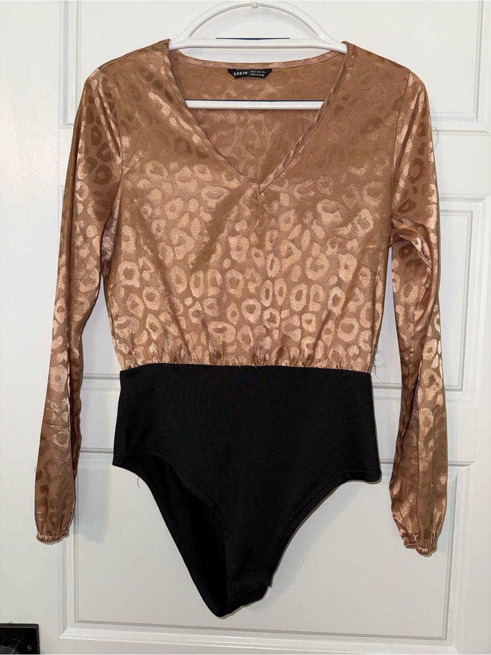 SHEIN Metallic Leopard-Print Long Sleeve Bodysuit in Bronze and Black